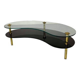 1960s Semon Bache & Co. Tiered Boomerang Glass and Brass Coffee Table For Sale