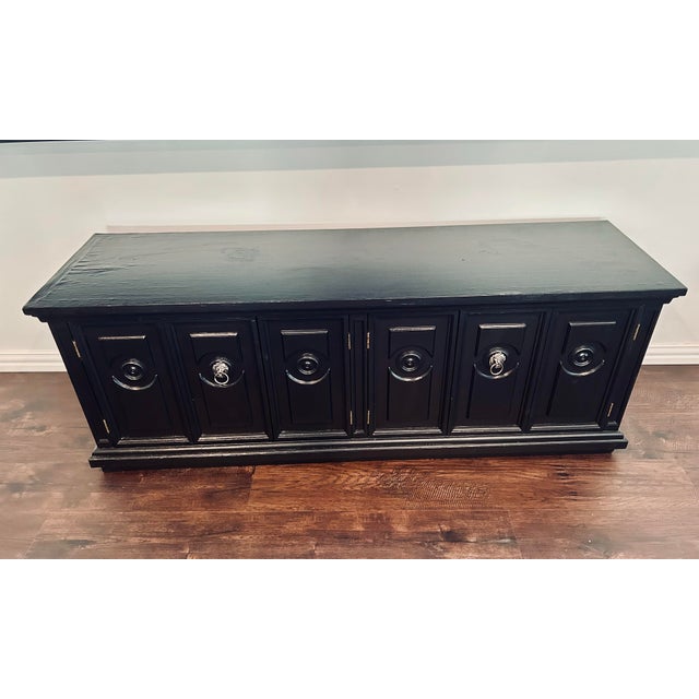 Traditional Vintage Black Oak Wood Sideboard Buffet, 6-Door Raised Panel Freestanding Cabinet For Sale - Image 3 of 8