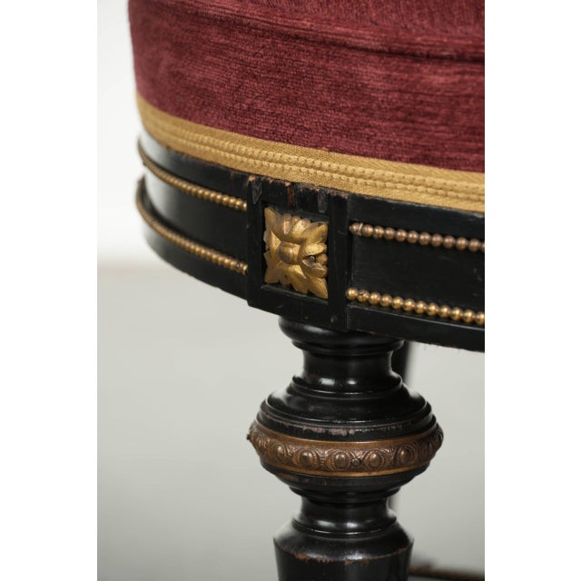 Antique English Stool with Red Fabric Seat and Black Wooden Base with Gold-Colored Details For Sale - Image 9 of 12