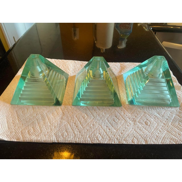 Postmodern Set of 3 Italian Green Pyramid Hanging Light Shades For Sale - Image 3 of 10