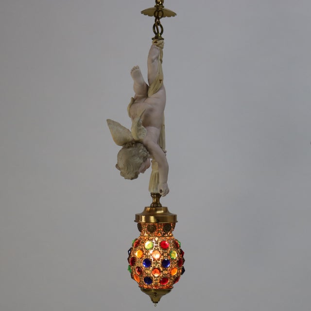 Early 20th Century Early 20th Century French Gilt Bronze, Brass & Bisque Figural Cupid Pendant Light & Jeweled Shade For Sale - Image 5 of 12