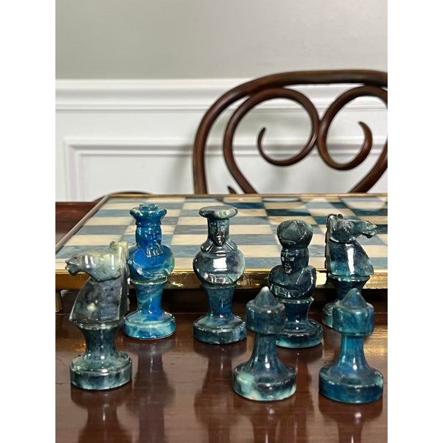 Chinese Stone Chess Set on Brass Framed and Footed Board in Blue and White, 1960s For Sale In Philadelphia - Image 6 of 15