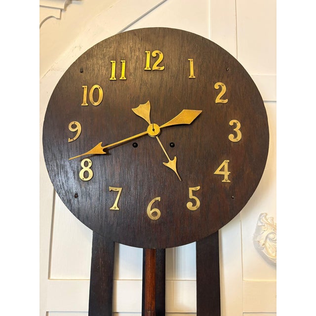 Wood Antique Arts and Crafts Oak Wall Clock with 8-Day Striking Movement and Brass Numerals, 1900 For Sale - Image 7 of 8