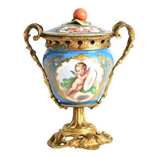 Antique French Sevres Style Gilt Ormolu and Porcelain Urn Vase For Sale