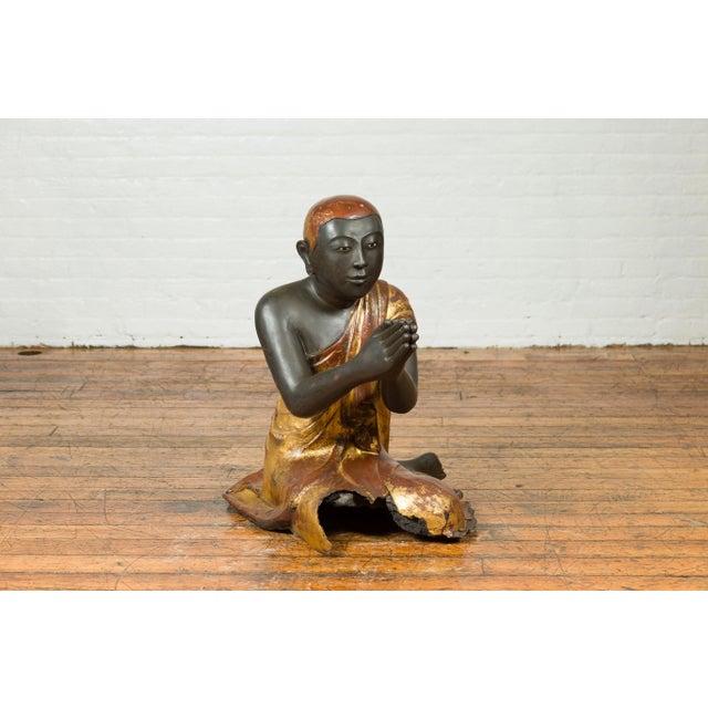 Mid 19th Century Thai Kneeling Ceremonial Temple Monk Lacquered and Gilt Sculpture For Sale - Image 4 of 13