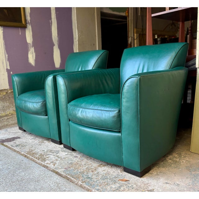 Art Deco 1990s Pair of John Hutton for Donghia "Noble" Green Leather Club Chairs For Sale - Image 3 of 12