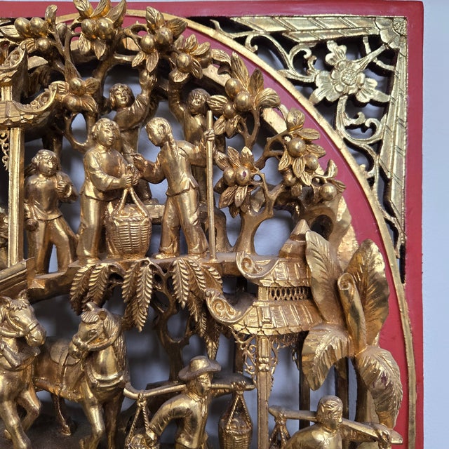 19th Century Antique Chinese Giltwood Panel Relief Carving Landscape Scene Red Lacquer Borders and Back For Sale - Image 5 of 18