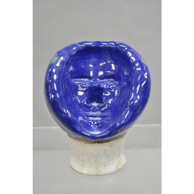 Vintage Mid Century Modern Blue Glazed Ceramic Pottery World Globe "Face Impression" Artist Studio Sculpture. Artist is...