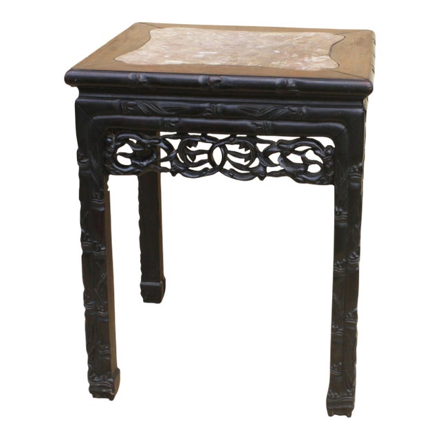 Antique Qing Era Chinese Hand-Carved Wood Table With Inset Marble Top For Sale