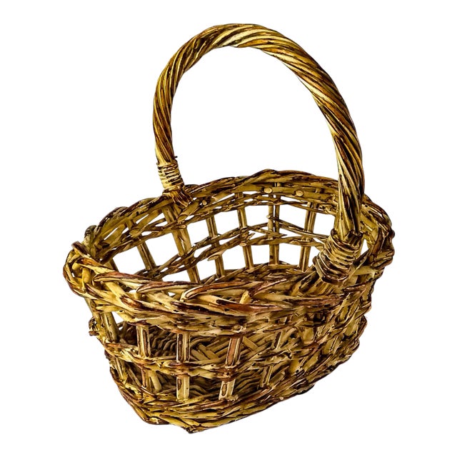 Vintage Tortoise Shell Designed Wicker Basket For Sale