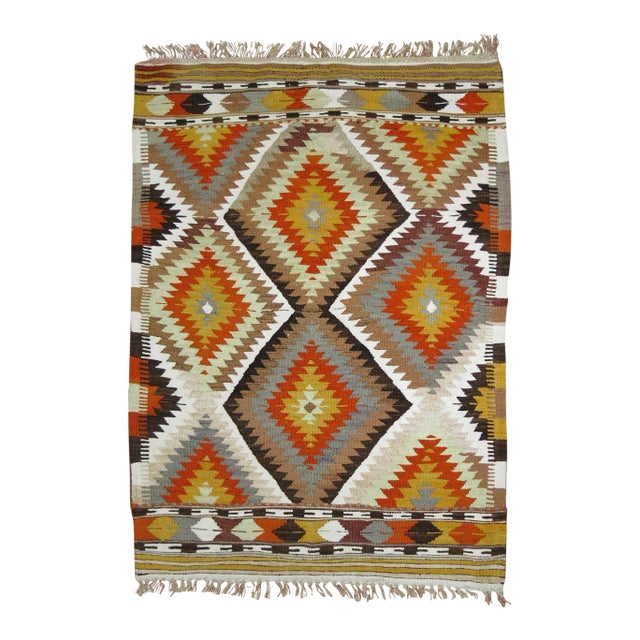 Mid 20th Century Geometric Turkish Kilim Flat-Weave For Sale
