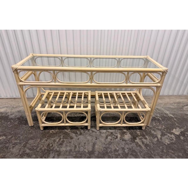 1970s Vintage Coastal Bamboo & Rattan Console Table With Matching Ottomans For Sale - Image 9 of 9