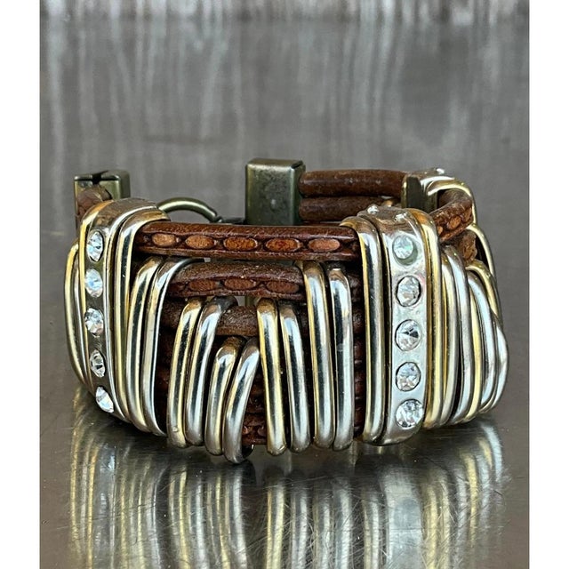 Brass Vintage Leather & Silver Rhinestone Cuff Bracelet For Sale - Image 8 of 12