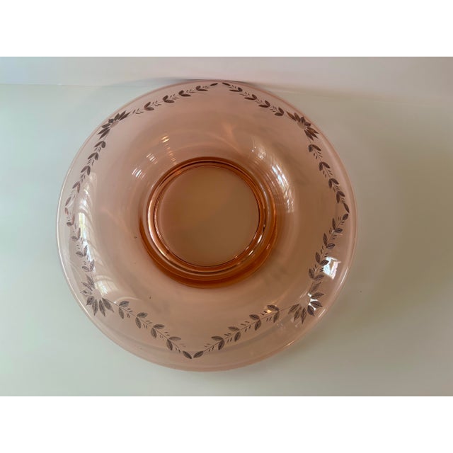 Vintage Pink Depression Glass Centerpiece Bowl With Etched Floral Motif & Matching Candlesticks – 3-Piece Set For Sale - Image 4 of 11