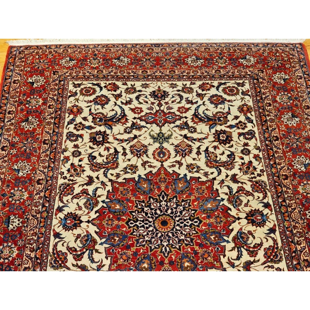 Vintage Persian Isfahan Rug, Handwoven Floral Pattern, Ivory & Red, 7’ X 11’ For Sale In Chicago - Image 6 of 12