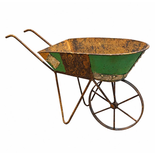 Small Rustic Reclaimed Painted Metal Wheelbarrow in Green, 10.5” X 18.5” For Sale - Image 9 of 9