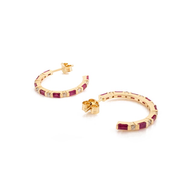 Metal Art Deco-Inspired Natural Ruby & Diamond Hoop Earrings in 14k Gold- 2 Pieces For Sale - Image 7 of 14