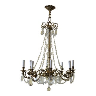 19th Century Maison Bagues Palm Motif Eight Light Crystal & Bronze Chandelier = Neoclassical Style For Sale