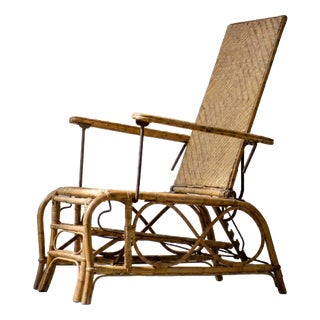 Vintage German Rattan Lounge Chair with Extendable Ottoman, 1930s For Sale