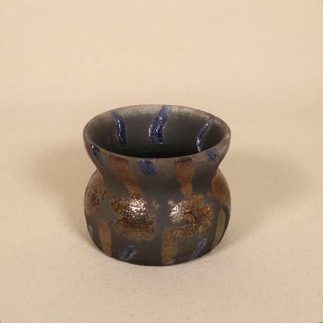 Early 21st Century Signed Studio Pottery Raku Ceramic Vessel With Metallic Copper Glaze and Abstract Brushwork For Sale - Image 5 of 17