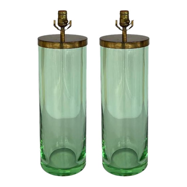 Vintage Peter Rocchia for the Wicker Works Modern Thick Green Glass Cylinder Table Lamps Pair For Sale