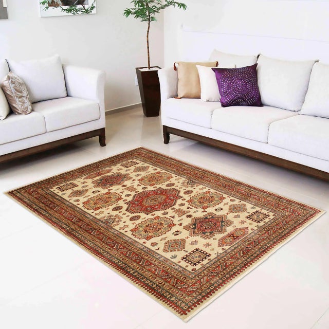 Tribal Rustic Super Kazak Beige/Rust Wool Rug - 5'6'' X 8'0'' For Sale - Image 3 of 8