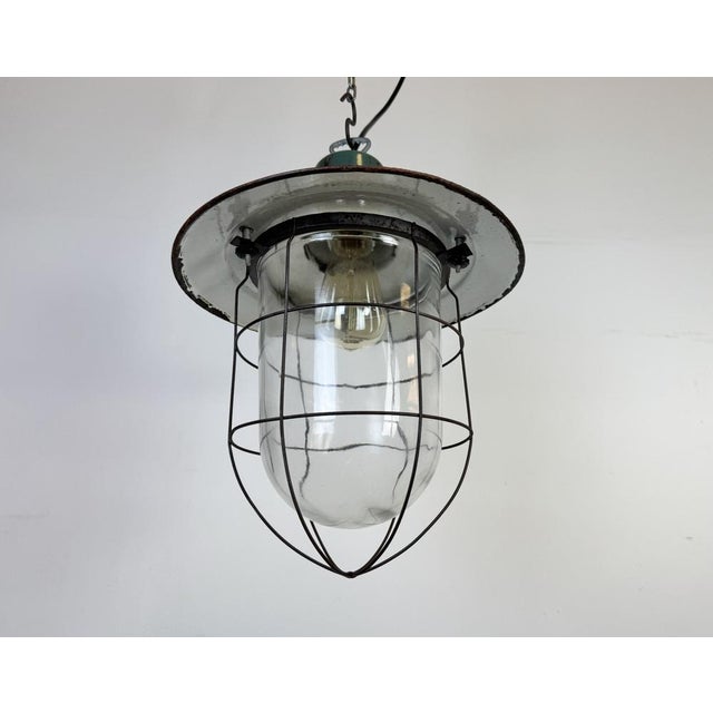 Glass Industrial Green Enamel Cage Pendant Light, 1960s For Sale - Image 7 of 18
