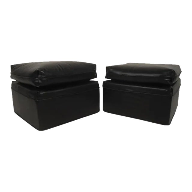 Pair of Midcentury Black Vinyl Ottomans For Sale