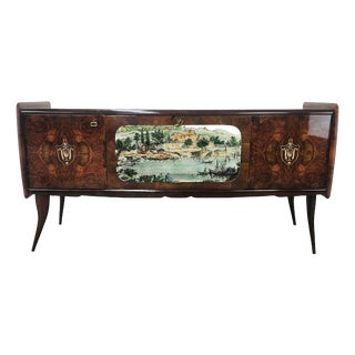 Mid-Century Modern Mahogany Sideboard with Aqua Green Glass and Central Bar, 1950 For Sale