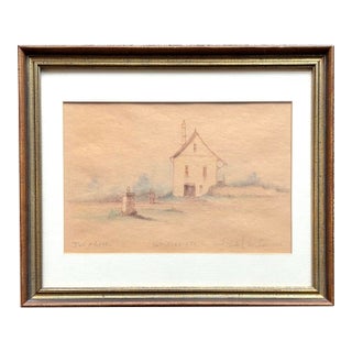 Small 1970s Ink and Pastel Drawing of a Quaint Country Home, Framed For Sale