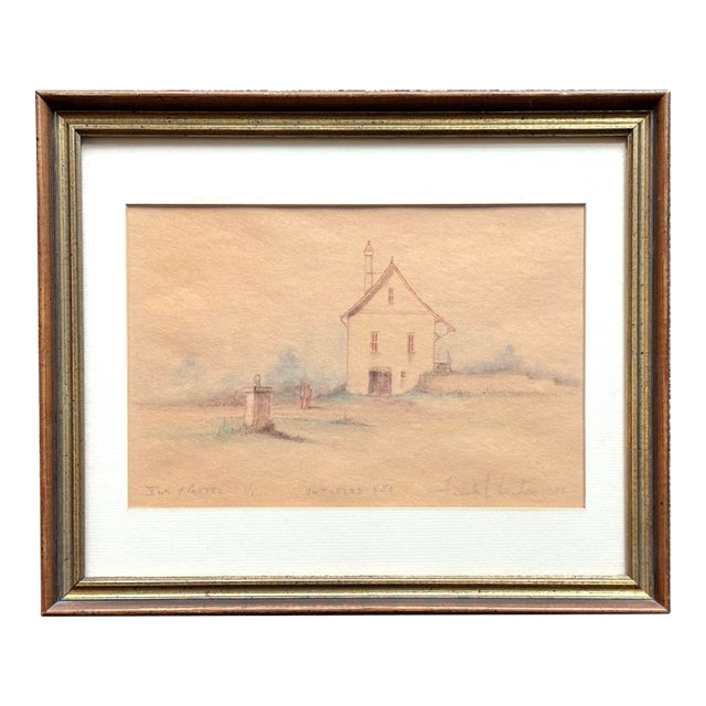 Small 1970s Ink and Pastel Drawing of a Quaint Country Home, Framed For Sale