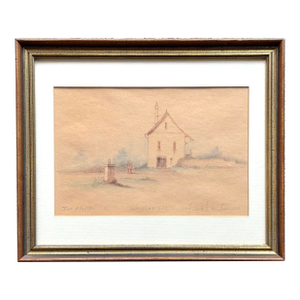 Small 1970s Ink and Pastel Drawing of a Quaint Country Home, Framed