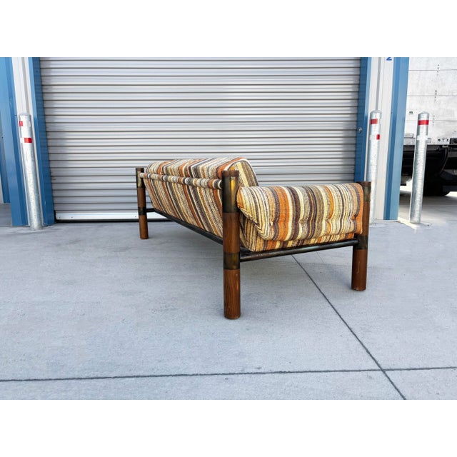 Textile 1970s Vintage Brutalist Wood, Brass, and Striped Upholstered Sofa For Sale - Image 7 of 12