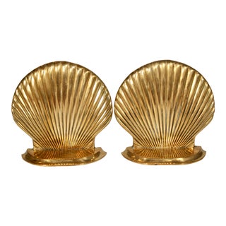 Vintage Coastal Brass Seashell Bookends - a Pair For Sale