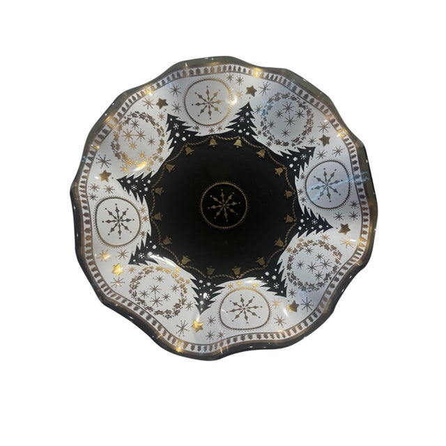 Vintage Scalloped Christmas Glass Serving Bowl With Gold Holiday Motif For Sale - Image 4 of 5