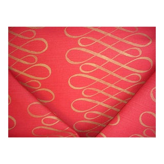 Mulberry Swash Stripe Red Gold Hand Printed Scroll Upholstery Fabric - 11 Yards For Sale