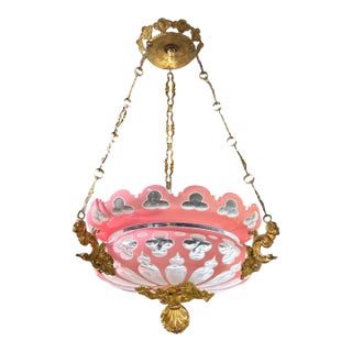 Antique Cased Pink Cut to White and Clear Glass and Bronze Chandelier For Sale
