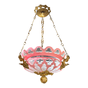 Antique Cased Pink Cut to White and Clear Glass and Bronze Chandelier