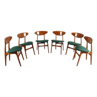 Mid-Century Scandinavian Wood and Green Fabric Chair, 1960s, Set of 6 For Sale