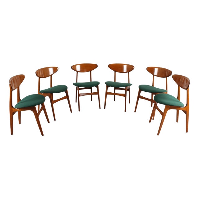 Mid-Century Scandinavian Wood and Green Fabric Chair, 1960s, Set of 6 For Sale