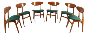 Mid-Century Scandinavian Wood and Green Fabric Chair, 1960s, Set of 6