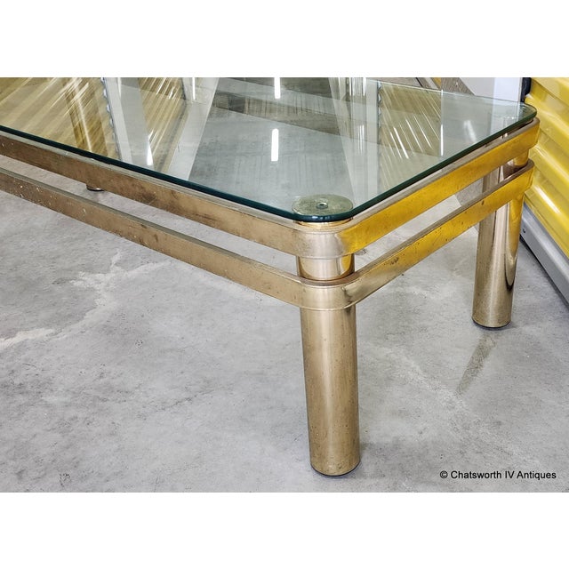 1980s Vintage Brass Hollywood Regency Style Modern Contemporary Glass Coffee Table For Sale - Image 5 of 12