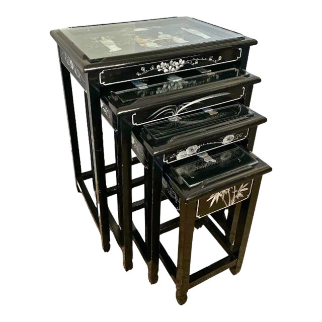 Mid-Century Chinese, Hand-Painted, Glass-Topped Nesting Tables, Set of Four For Sale