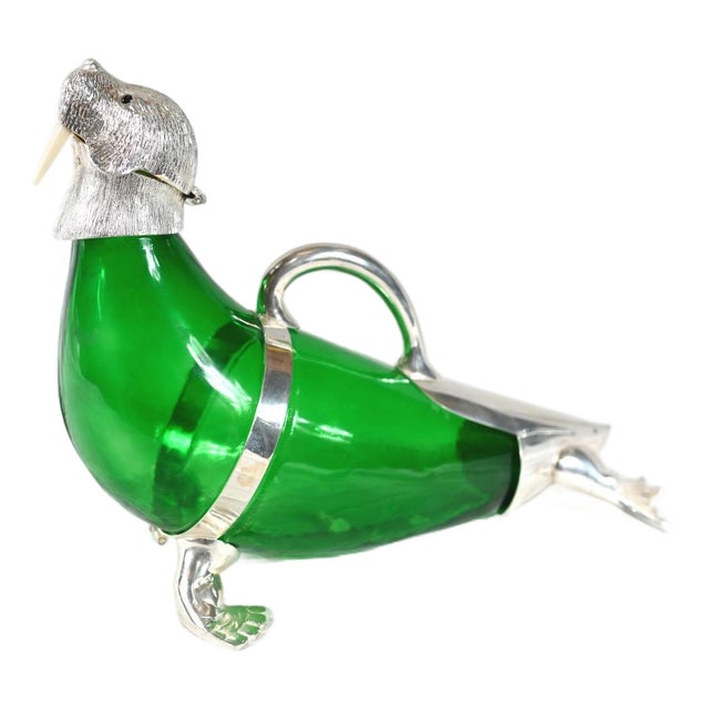 Silver-Plated Green Glass Walrus Decanter Bottle For Sale