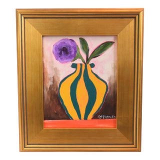Bold Impressionist Lavender Flower in Vase Painting Including the Antiqued Gold Wood Frame For Sale