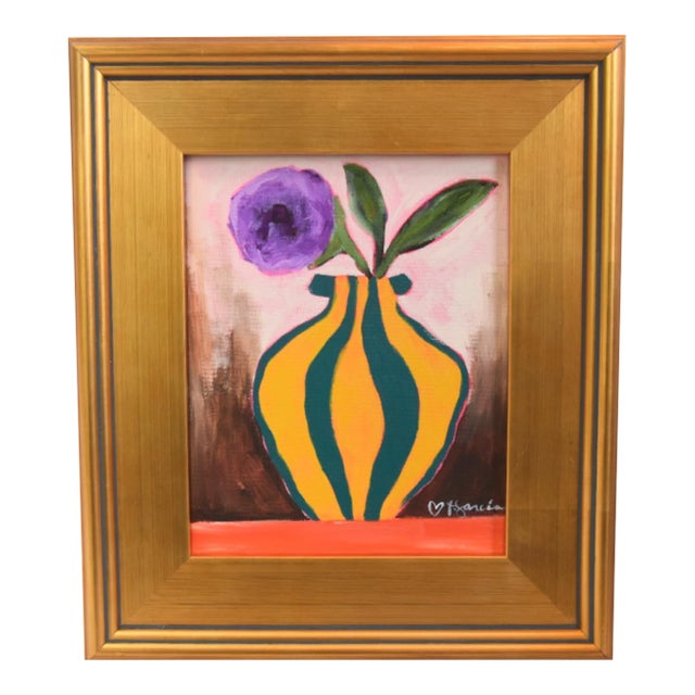 Bold Impressionist Lavender Flower in Vase Painting Including the Antiqued Gold Wood Frame For Sale