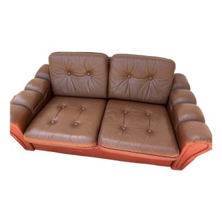 Vintage Danish Brown Leather Tufted Sofa / 2 Seater Lounge / Loveseat For Sale