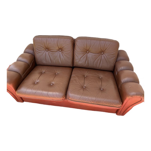 Vintage Danish Brown Leather Tufted Sofa / 2 Seater Lounge / Loveseat For Sale