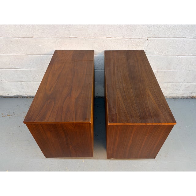 Mid 20th Century Walnut Sculpted Pull Three Drawer Dresser Pair For Sale - Image 4 of 11