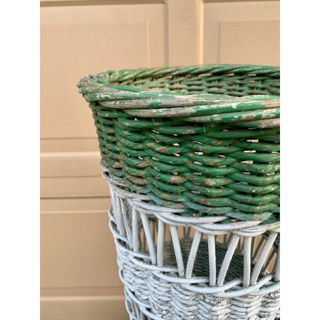 White Antique Painted Wicker Umbrella Basket With Green and White Surface For Sale - Image 8 of 12